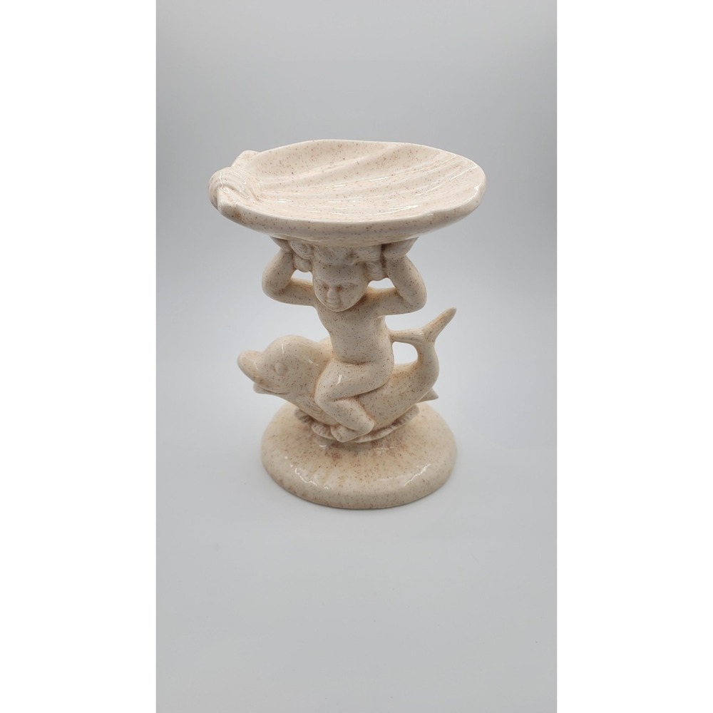 Vintage MCM Holland Mold Cherub‎ Boy on Dolphin Pedestal Soap Dish Sand Speckled
